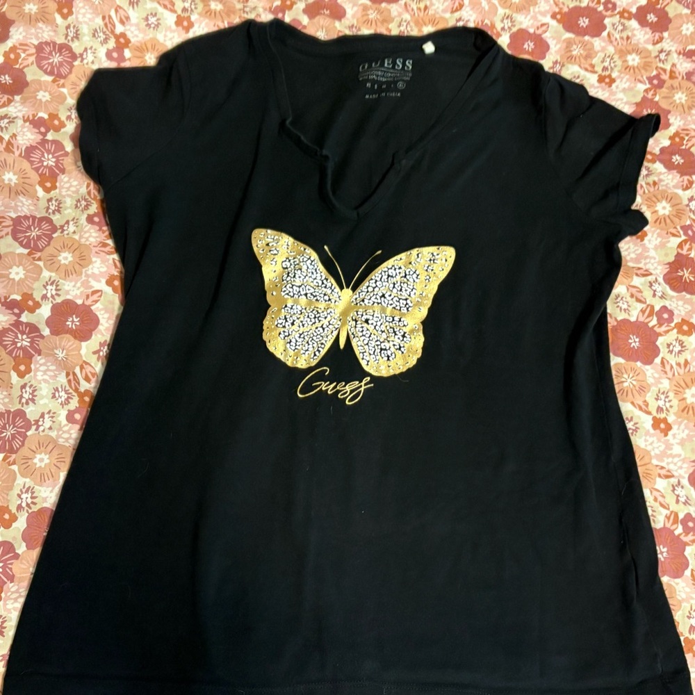 Guess Black Graphic Tee with Cap Sleeves